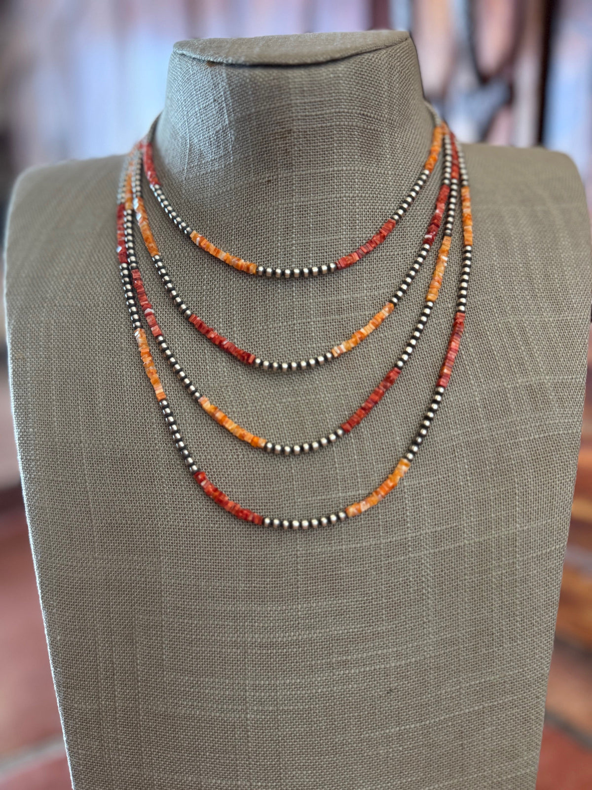 Handcrafted Red Spiny, Orange Spiny & Sterling Silver Pearl 3mm Beaded Necklace Nizhoni Traders LLC