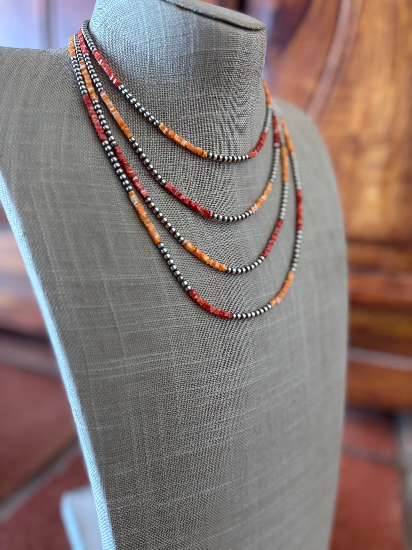 Handcrafted Red Spiny, Orange Spiny & Sterling Silver Pearl 3mm Beaded Necklace Nizhoni Traders LLC