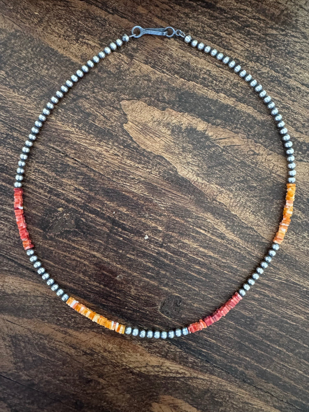 Handcrafted Red Spiny, Orange Spiny & Sterling Silver Pearl 3mm Beaded Necklace Nizhoni Traders LLC