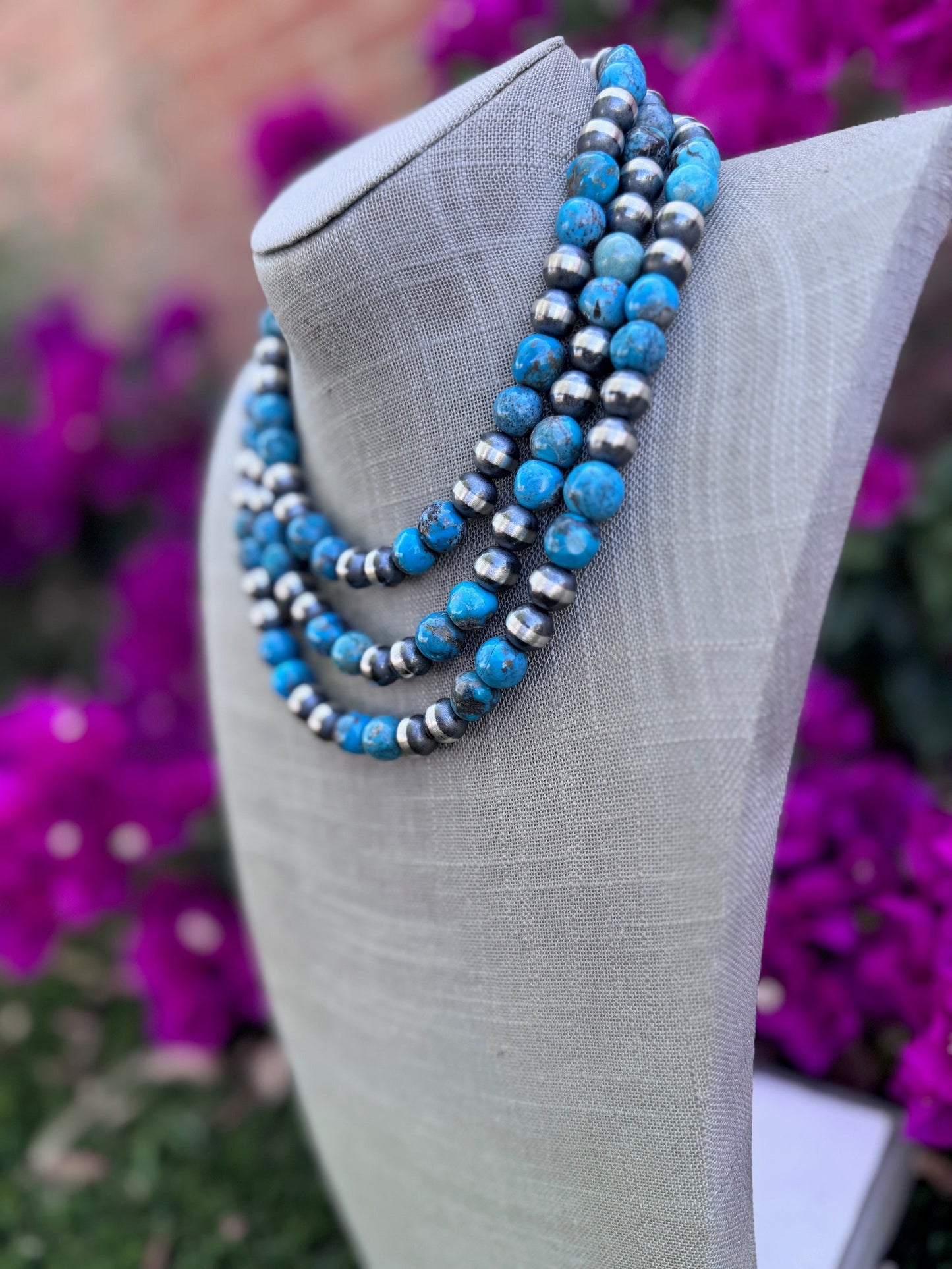 Handcrafted Kingman Turquoise & Sterling Silver 10mm Beaded Necklace Nizhoni Traders LLC