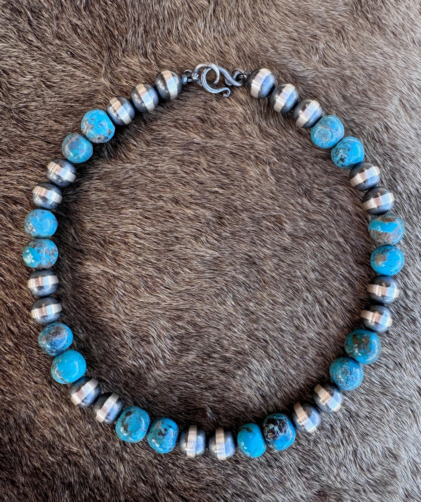 Handcrafted Kingman Turquoise & Sterling Silver 10mm Beaded Necklace Nizhoni Traders LLC