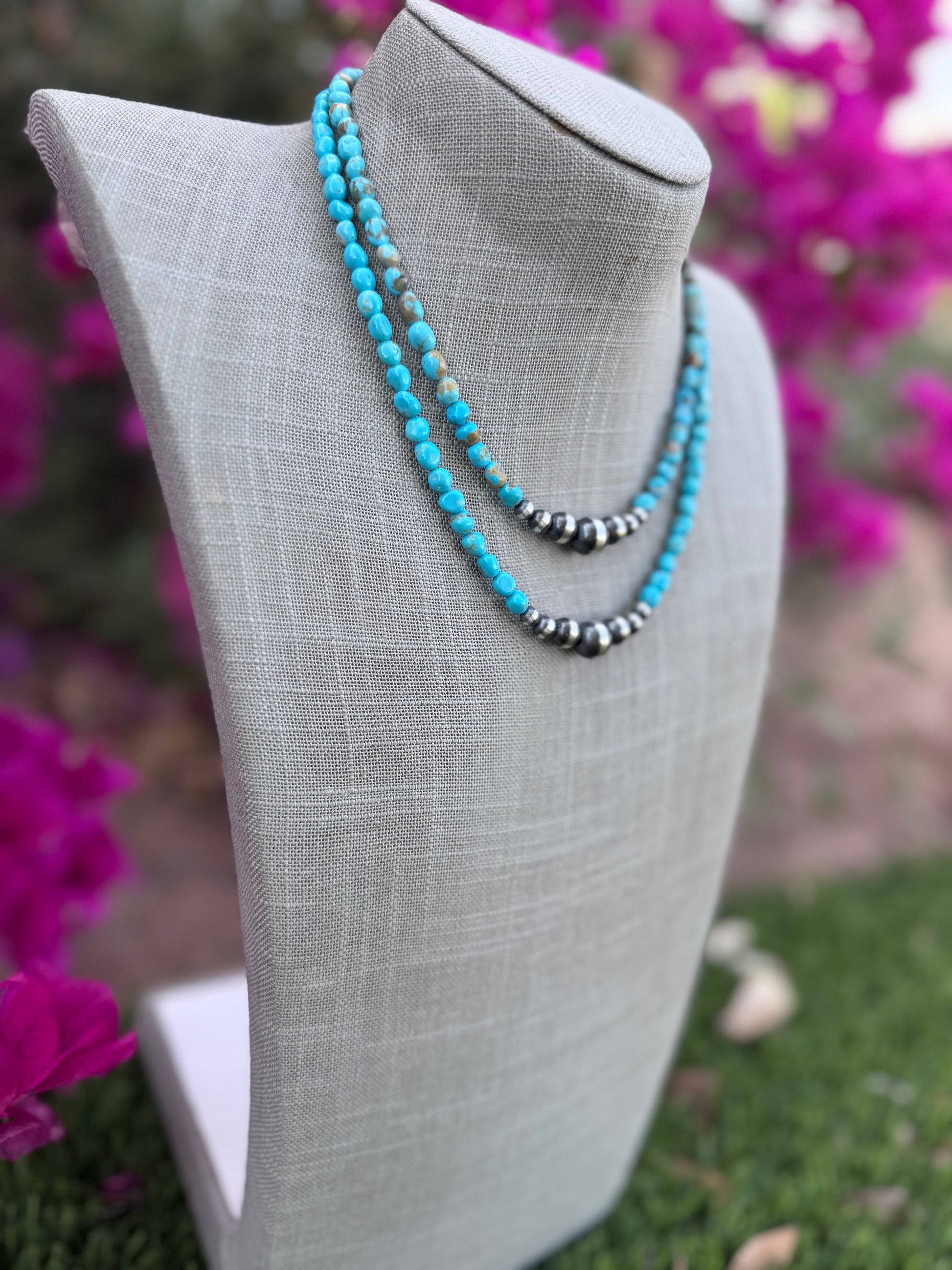 Handcrafted Kingman Turquoise & Sterling Silver 5-10mm Beaded Necklace Nizhoni Traders LLC