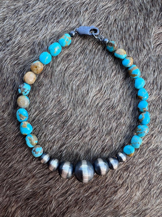 Handcrafted Kingman Turquoise & Sterling Silver Pearl 5-10mm Beaded Bracelet 8" Nizhoni Traders LLC