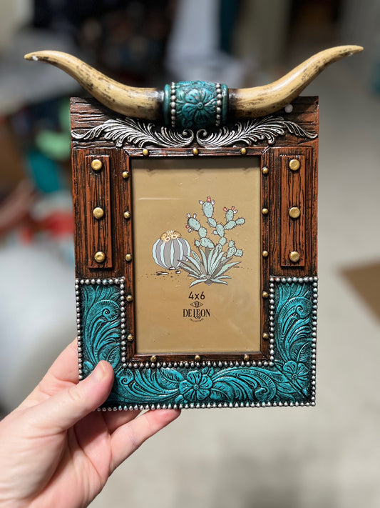 Western Longhorn Turquoise and Silver 5 X 7 Frame Cedar Hill Country Market