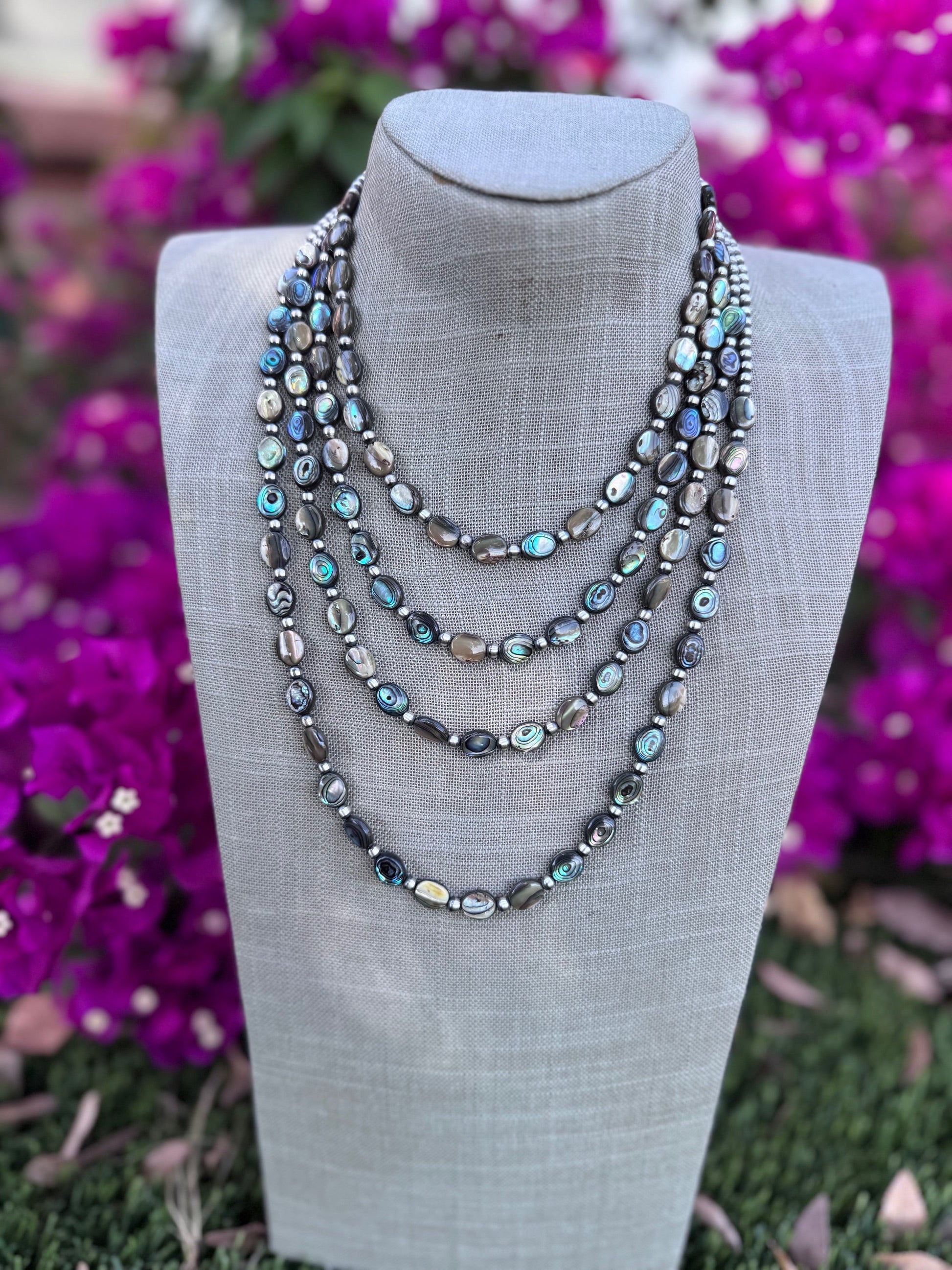 Handcrafted Abalone Oval & Sterling Silver Pearl 4mm Beaded Necklace Nizhoni Traders LLC