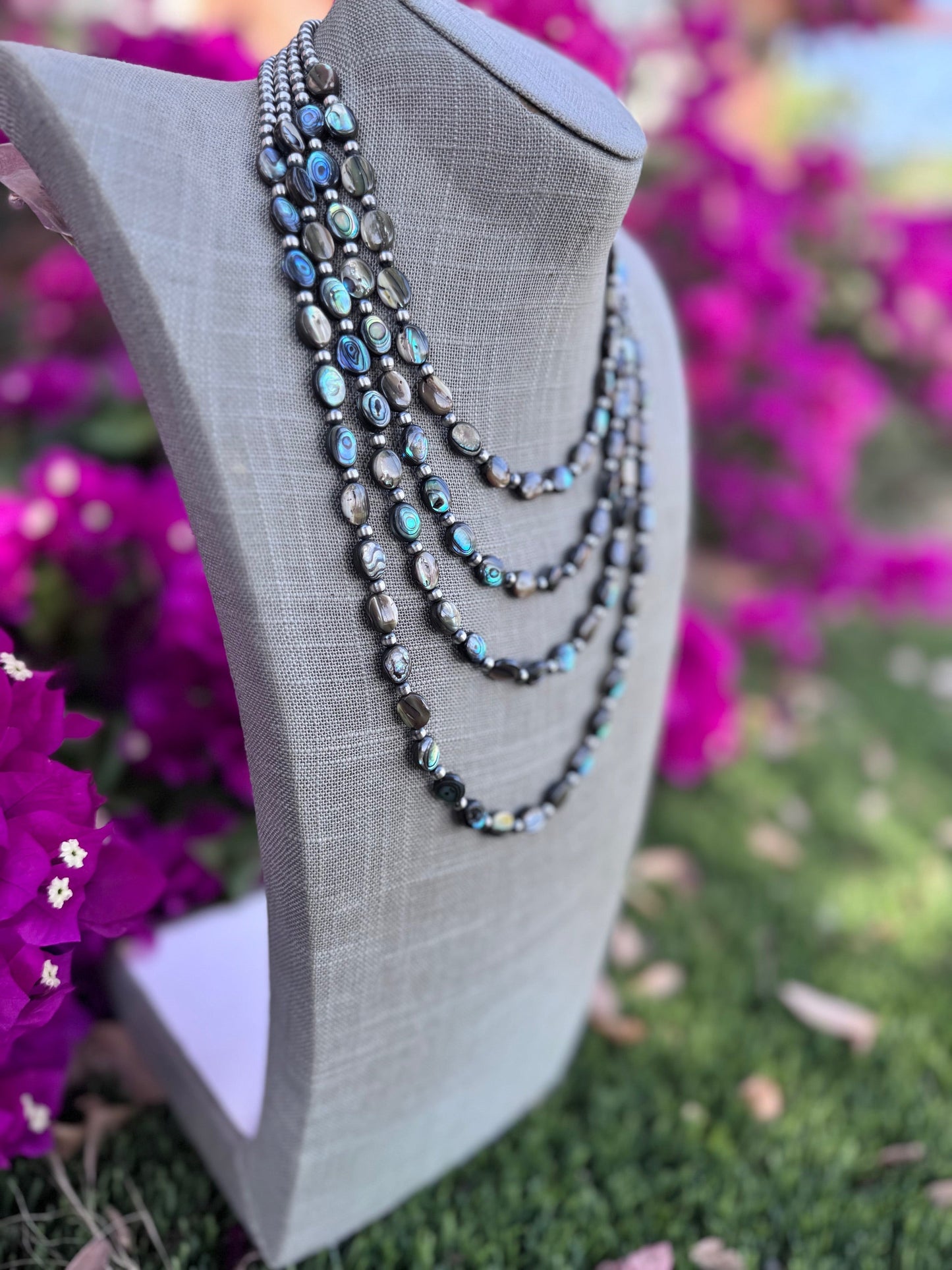 Handcrafted Abalone Oval & Sterling Silver Pearl 4mm Beaded Necklace Nizhoni Traders LLC