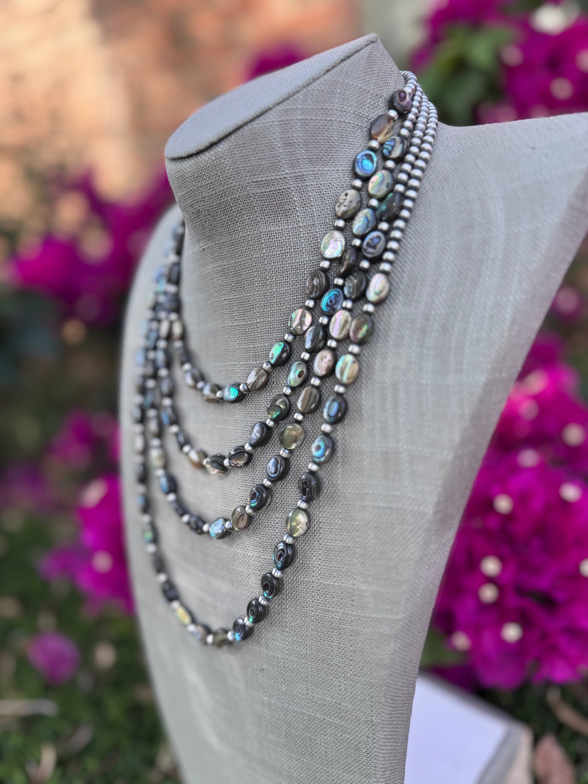 Handcrafted Abalone Oval & Sterling Silver Pearl 4mm Beaded Necklace Nizhoni Traders LLC