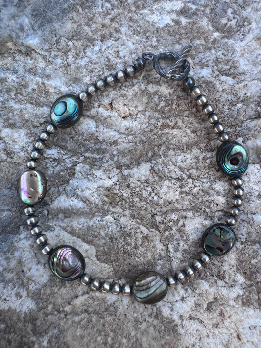Handcrafted Abalone & Sterling Silver Pearl 3mm Beaded Bracelet 7.5" Nizhoni Traders LLC
