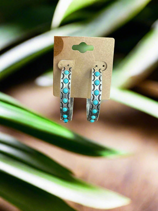 Aztec and Turquoise Large Silver Hoops Cedar Hill Country Market