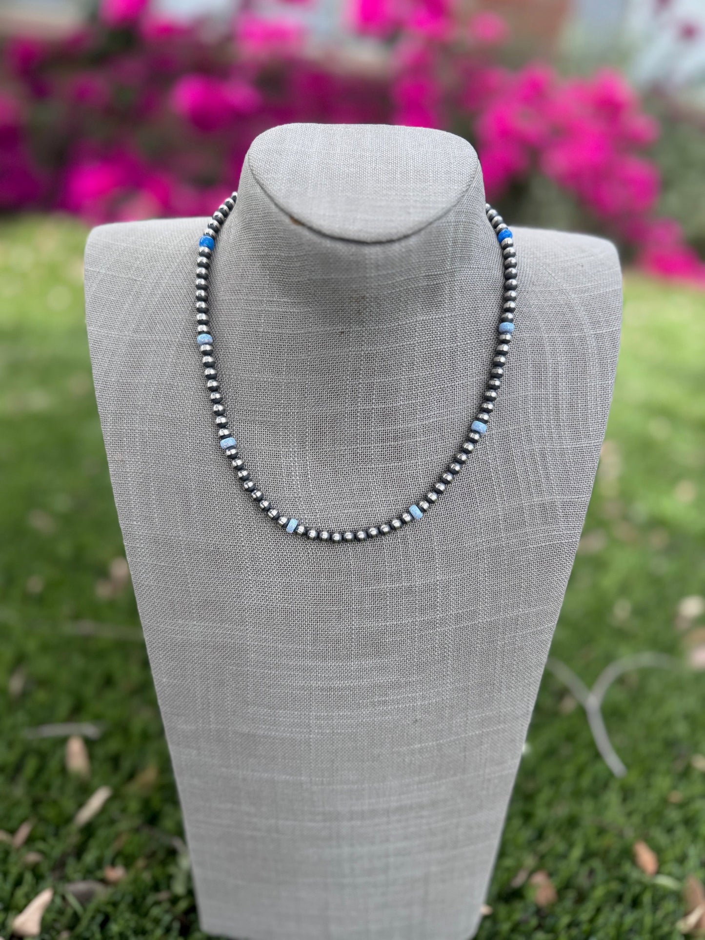 Handcrafted Blue Fire Opal & Sterling Silver Pearl Beaded 5mm Necklace 18" Nizhoni Traders LLC