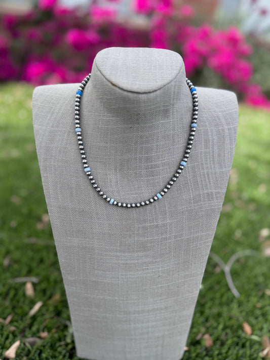 Handcrafted Blue Fire Opal & Sterling Silver Pearl Beaded 5mm Necklace 18" Nizhoni Traders LLC