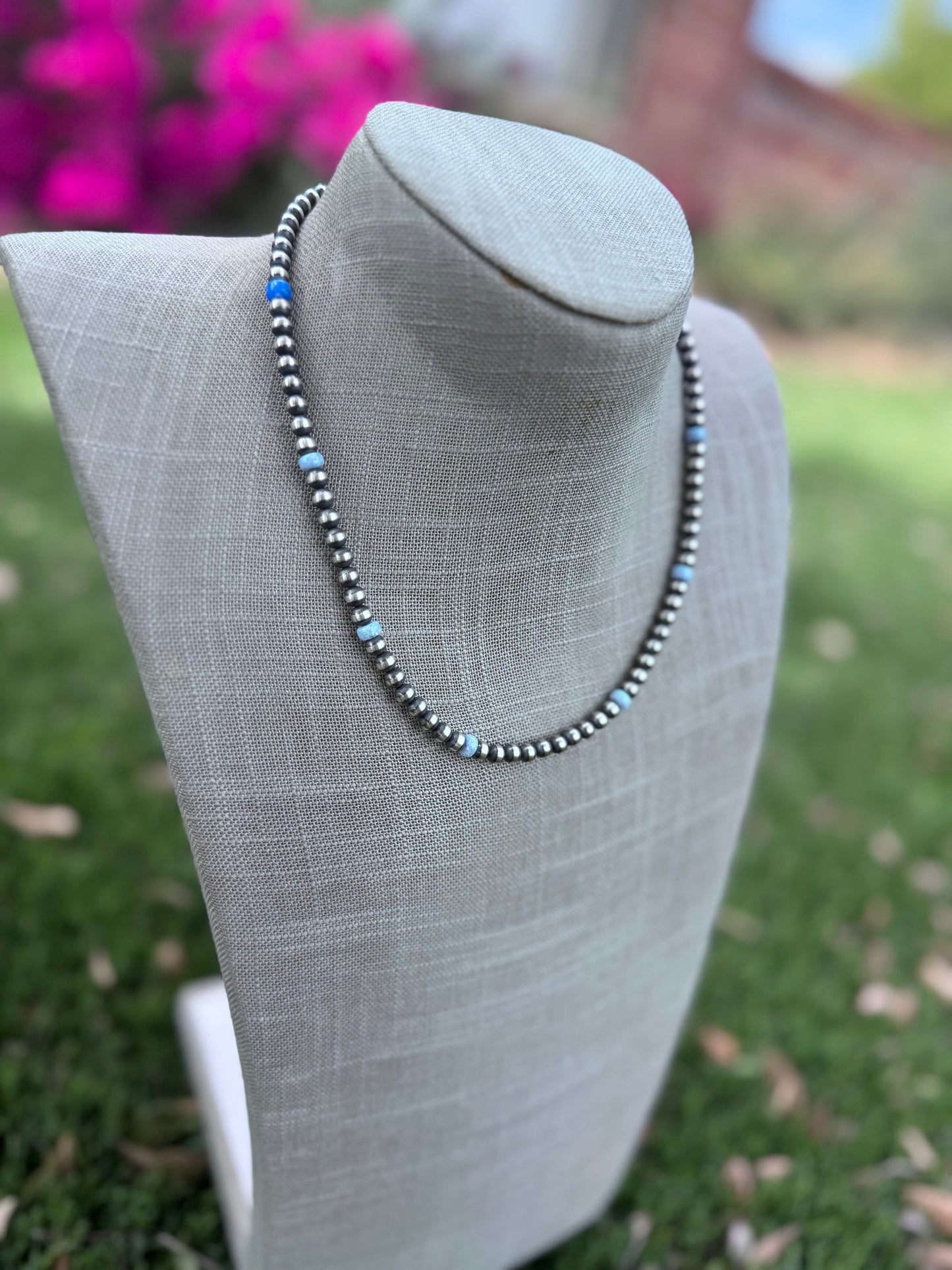 Handcrafted Blue Fire Opal & Sterling Silver Pearl Beaded 5mm Necklace 18" Nizhoni Traders LLC