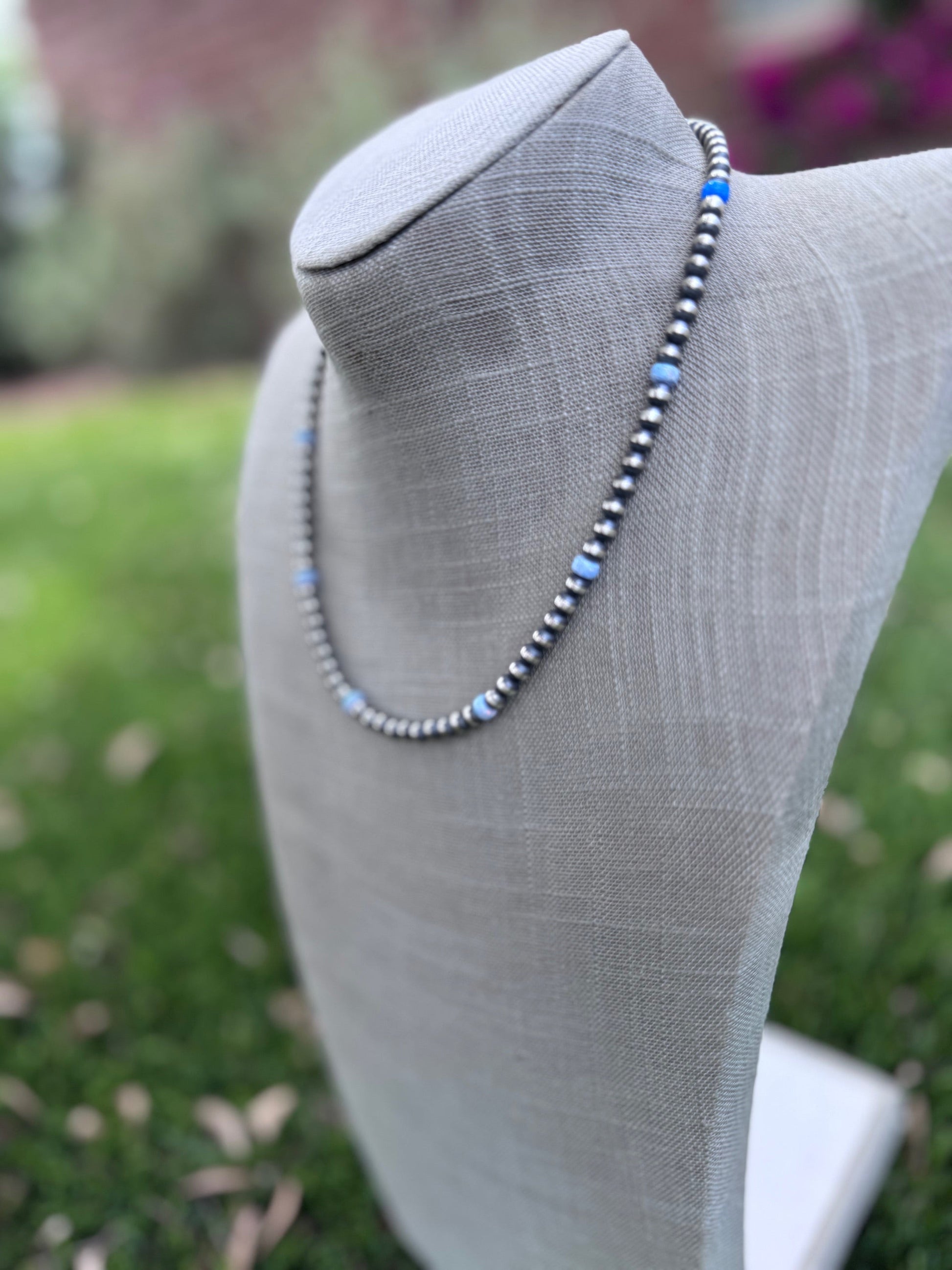 Handcrafted Blue Fire Opal & Sterling Silver Pearl Beaded 5mm Necklace 18" Nizhoni Traders LLC
