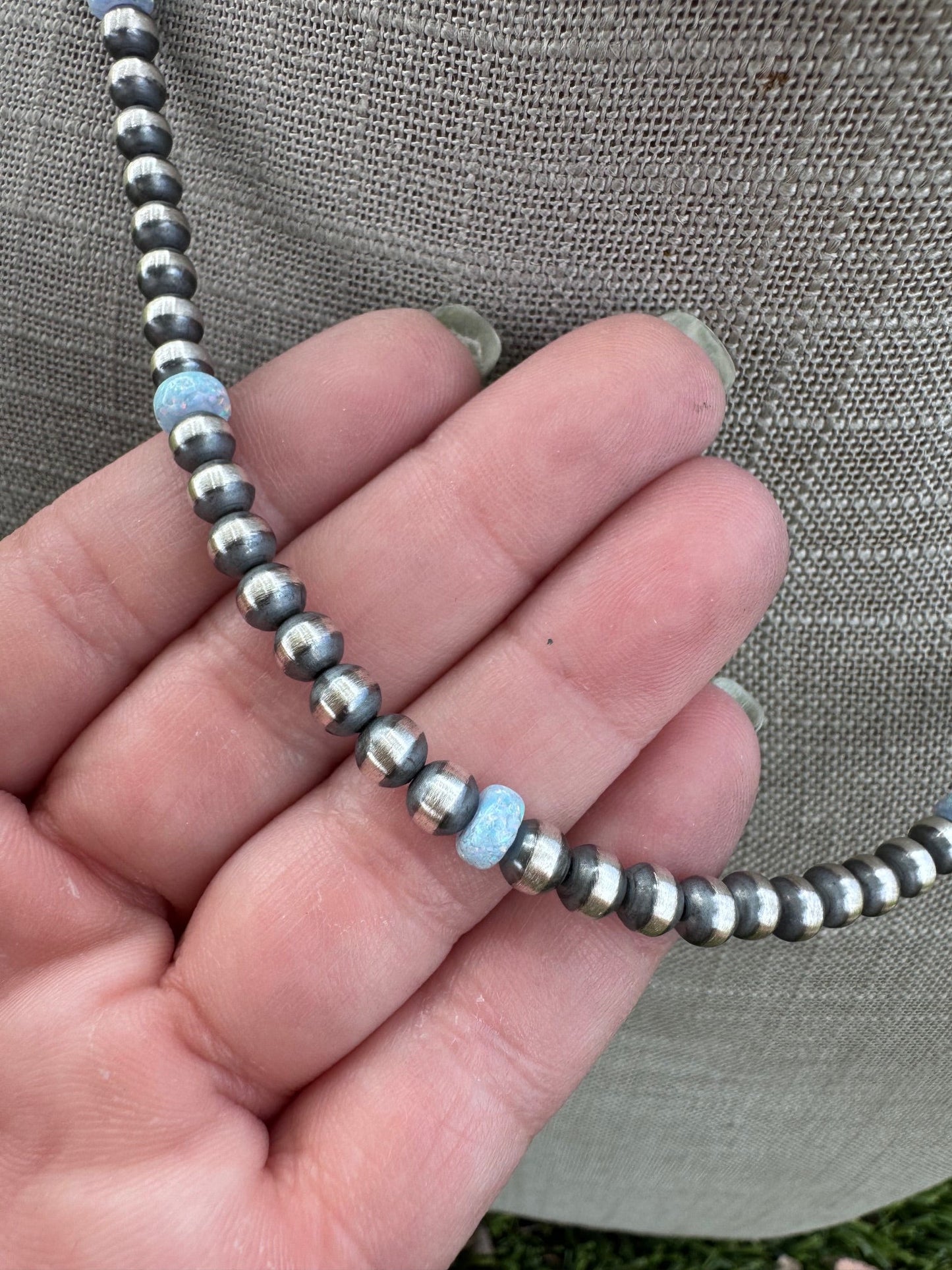 Handcrafted Blue Fire Opal & Sterling Silver Pearl Beaded 5mm Necklace 18" Nizhoni Traders LLC
