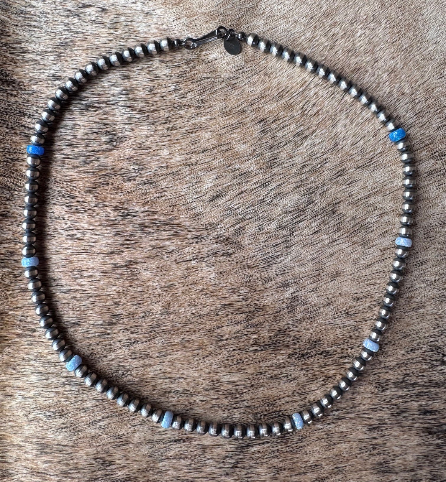 Handcrafted Blue Fire Opal & Sterling Silver Pearl Beaded 5mm Necklace 18" Nizhoni Traders LLC