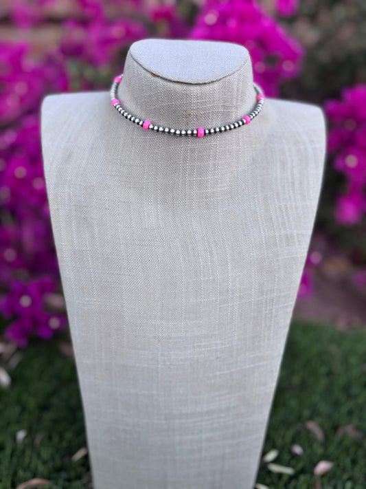 Handcrafted Hot Pink Fire Opal & Sterling Silver 4mm Beaded Wrap Choker Necklace Nizhoni Traders LLC