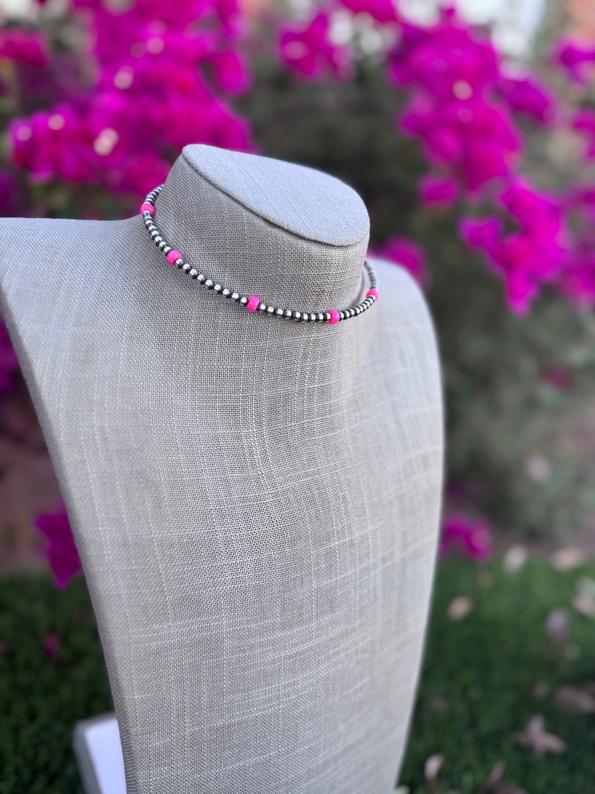 Handcrafted Hot Pink Fire Opal & Sterling Silver 4mm Beaded Wrap Choker Necklace Nizhoni Traders LLC