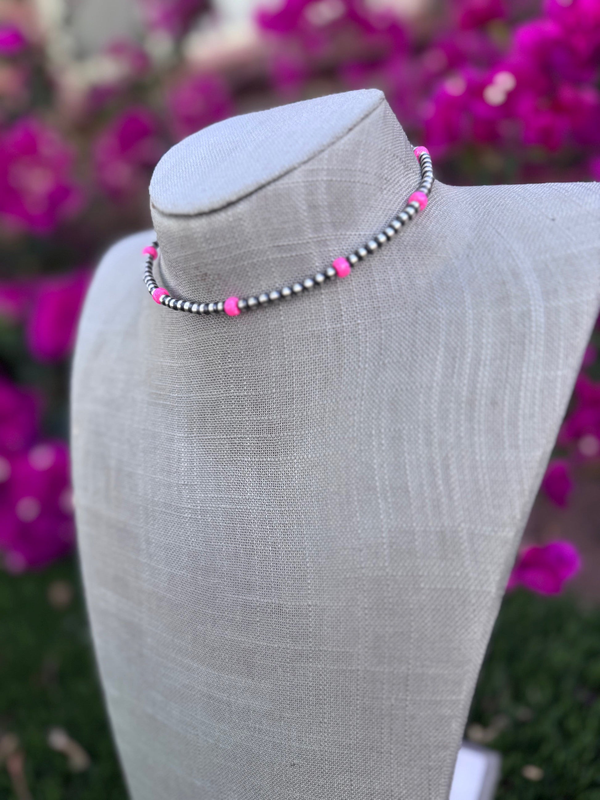 Handcrafted Hot Pink Fire Opal & Sterling Silver 4mm Beaded Wrap Choker Necklace Nizhoni Traders LLC