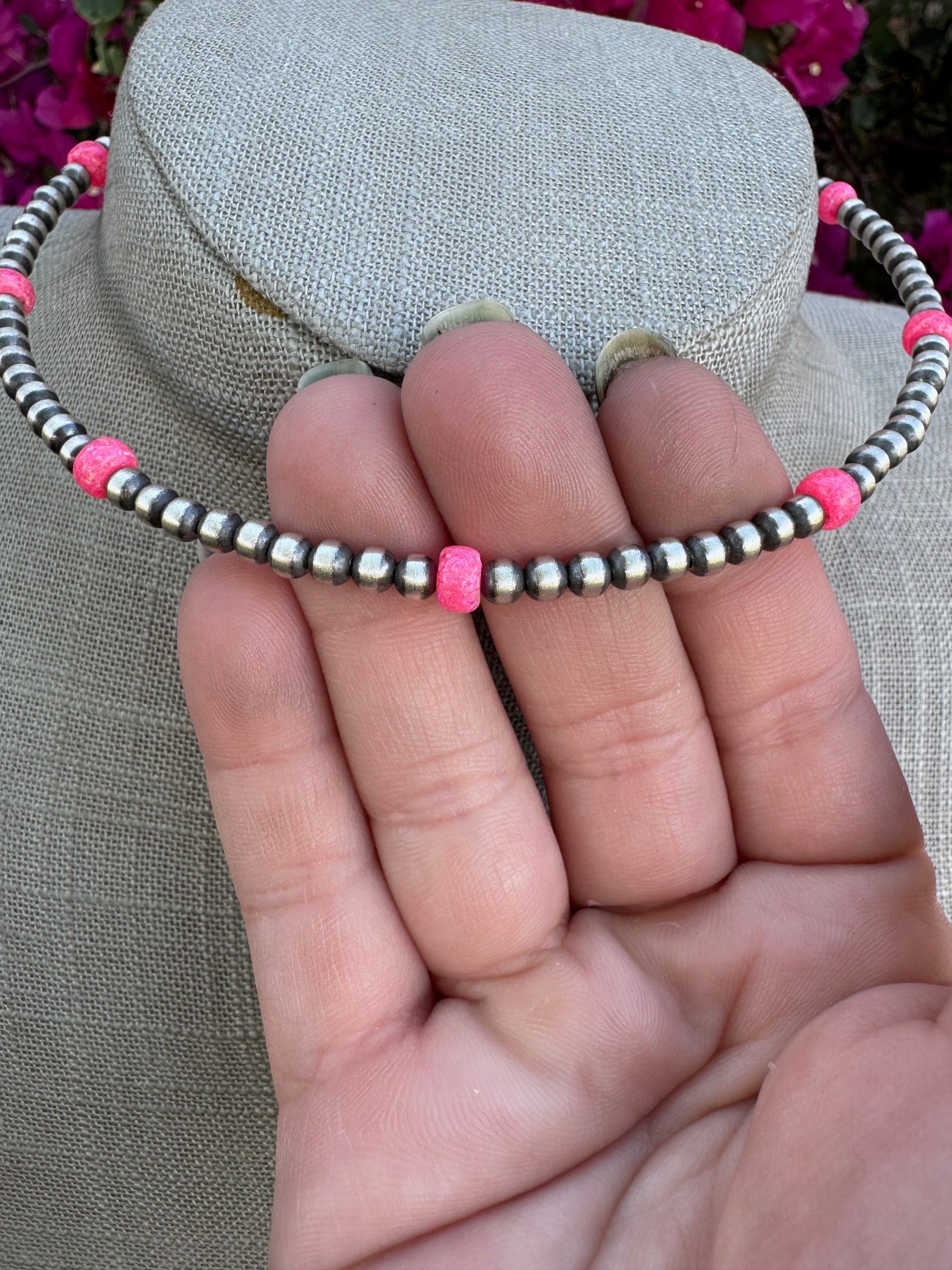 Handcrafted Hot Pink Fire Opal & Sterling Silver 4mm Beaded Wrap Choker Necklace Nizhoni Traders LLC