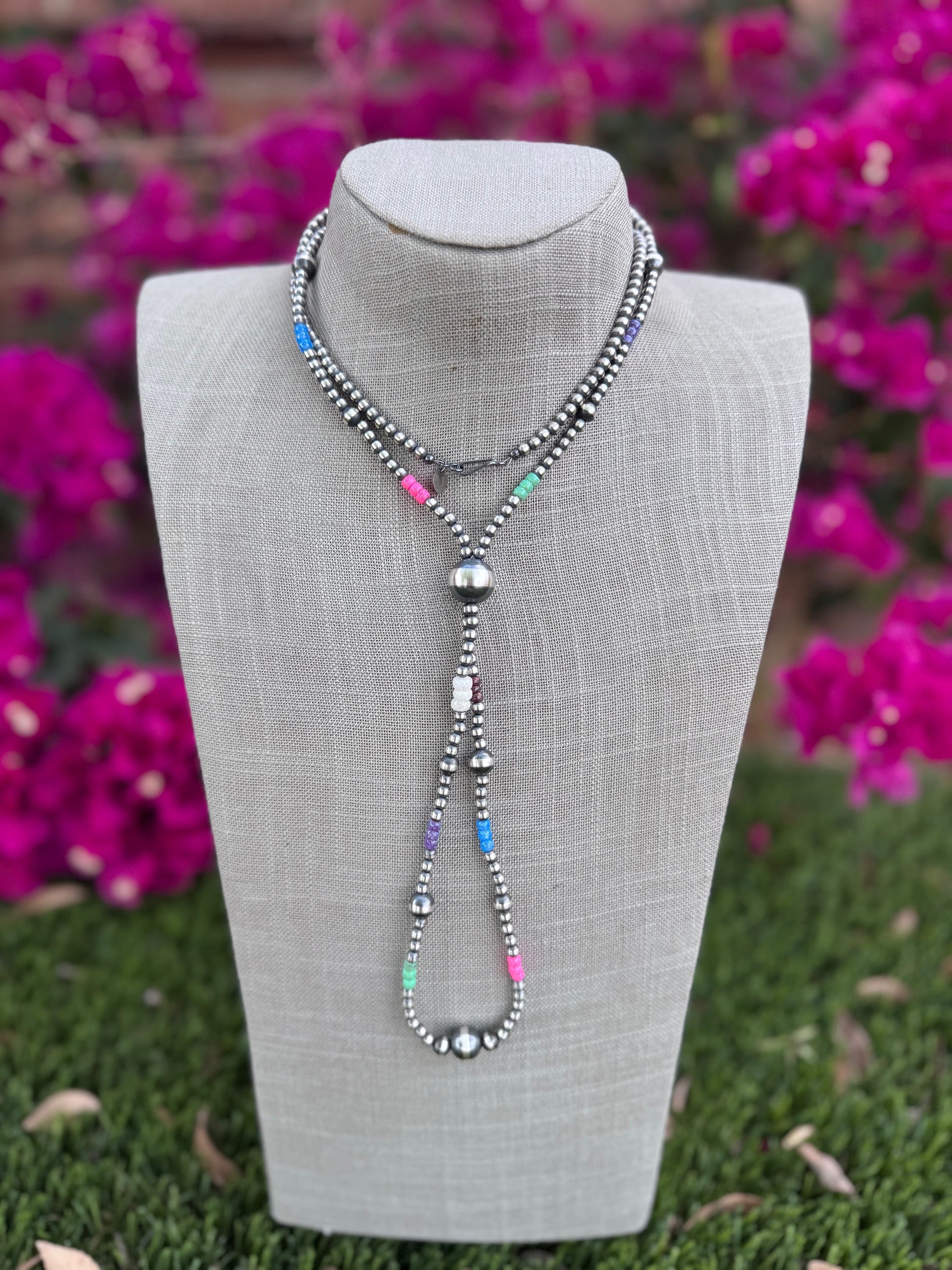 Handcrafted Fire Opal Collection & Sterling Silver Pearl 4-14mm Beaded Jacla Necklace 30" Nizhoni Traders LLC