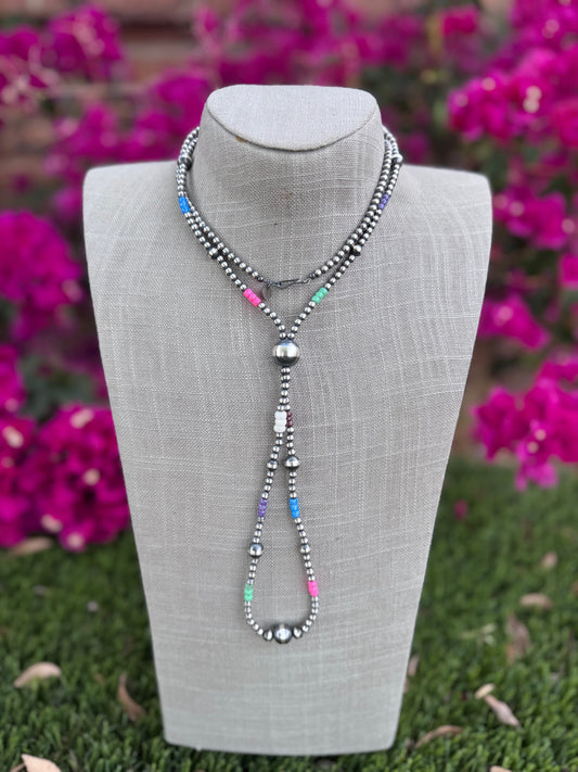 Handcrafted Fire Opal Collection & Sterling Silver Pearl 4-14mm Beaded Jacla Necklace 30" Nizhoni Traders LLC