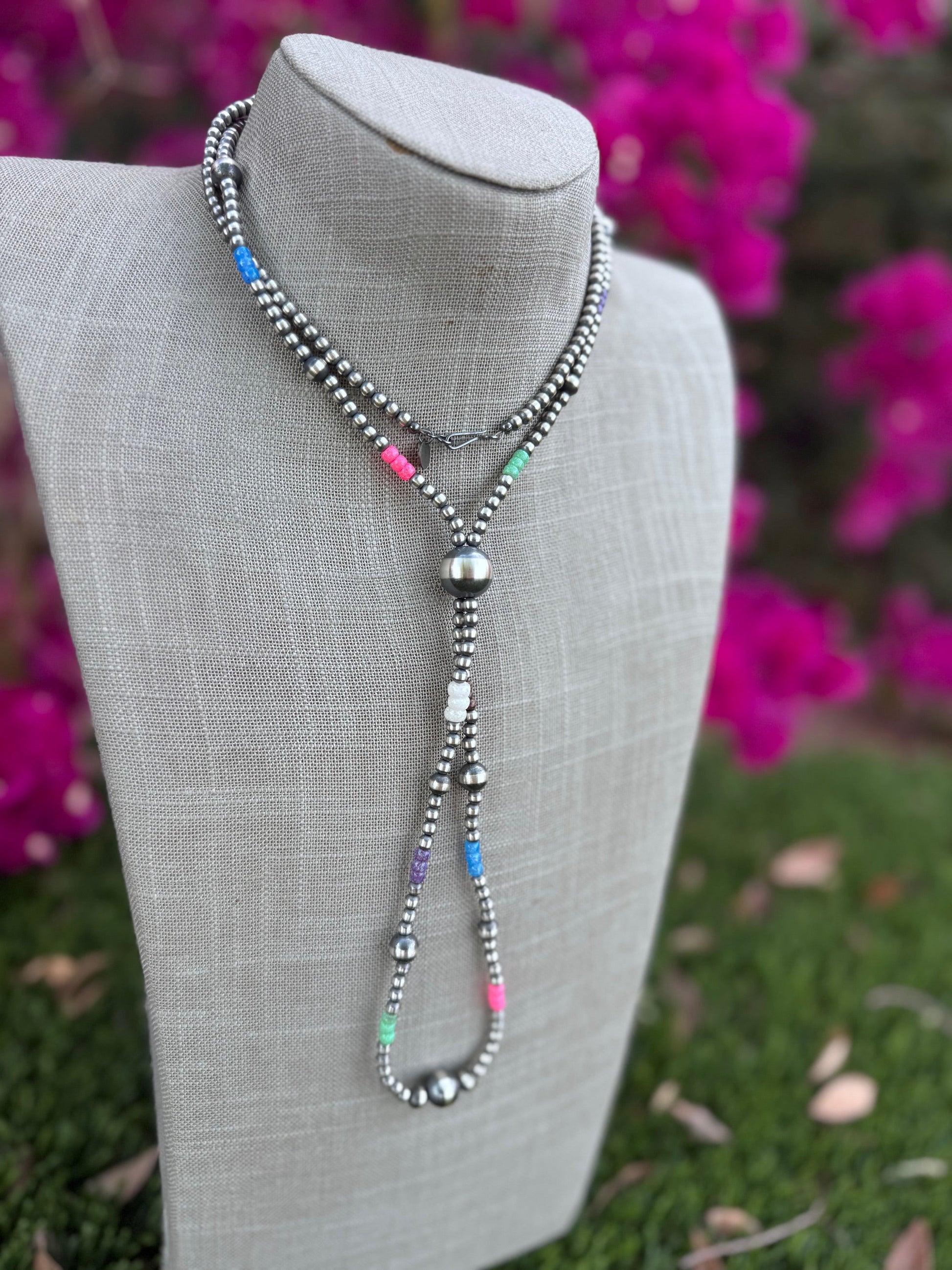 Handcrafted Fire Opal Collection & Sterling Silver Pearl 4-14mm Beaded Jacla Necklace 30" Nizhoni Traders LLC