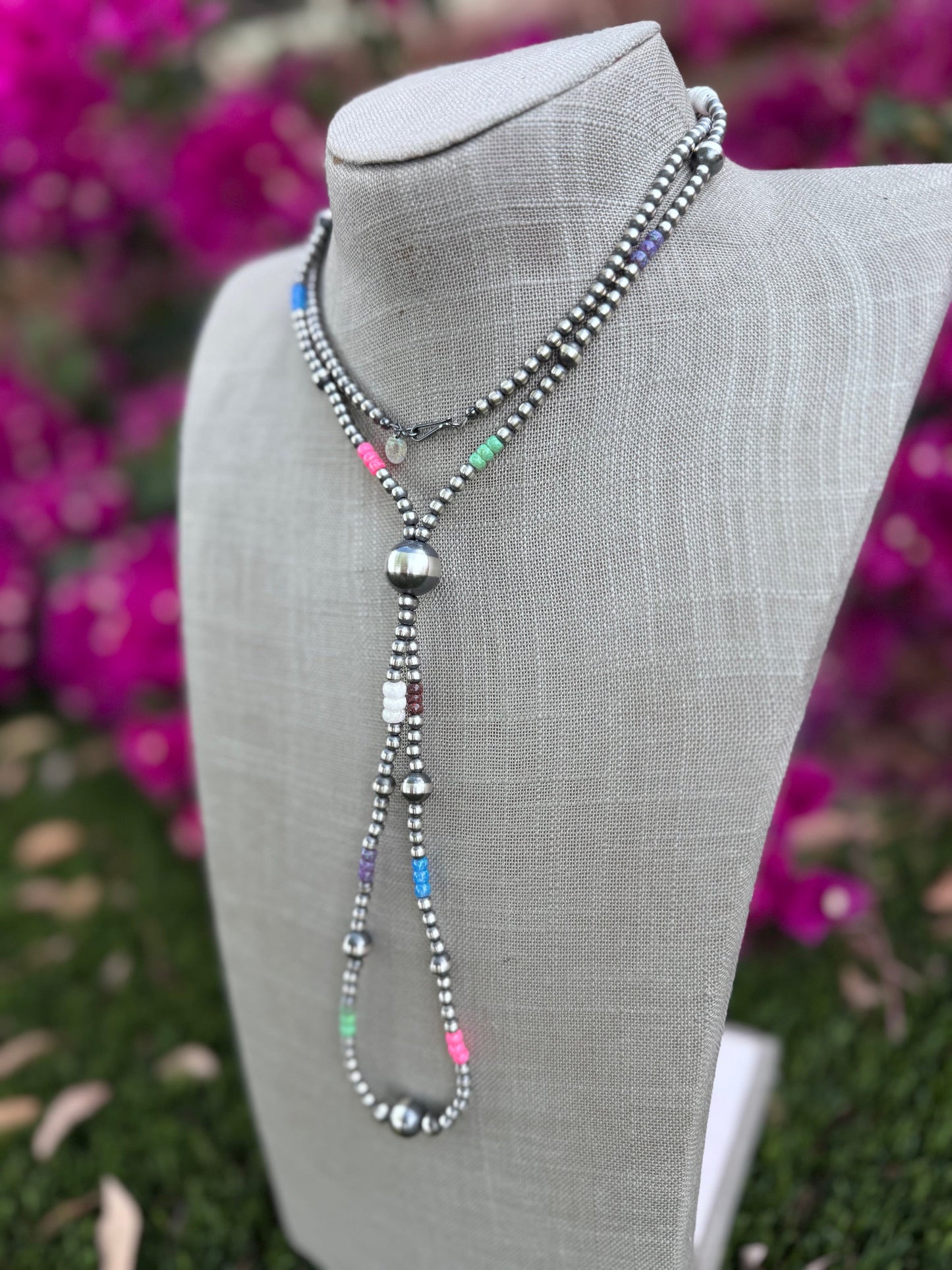 Handcrafted Fire Opal Collection & Sterling Silver Pearl 4-14mm Beaded Jacla Necklace 30" Nizhoni Traders LLC