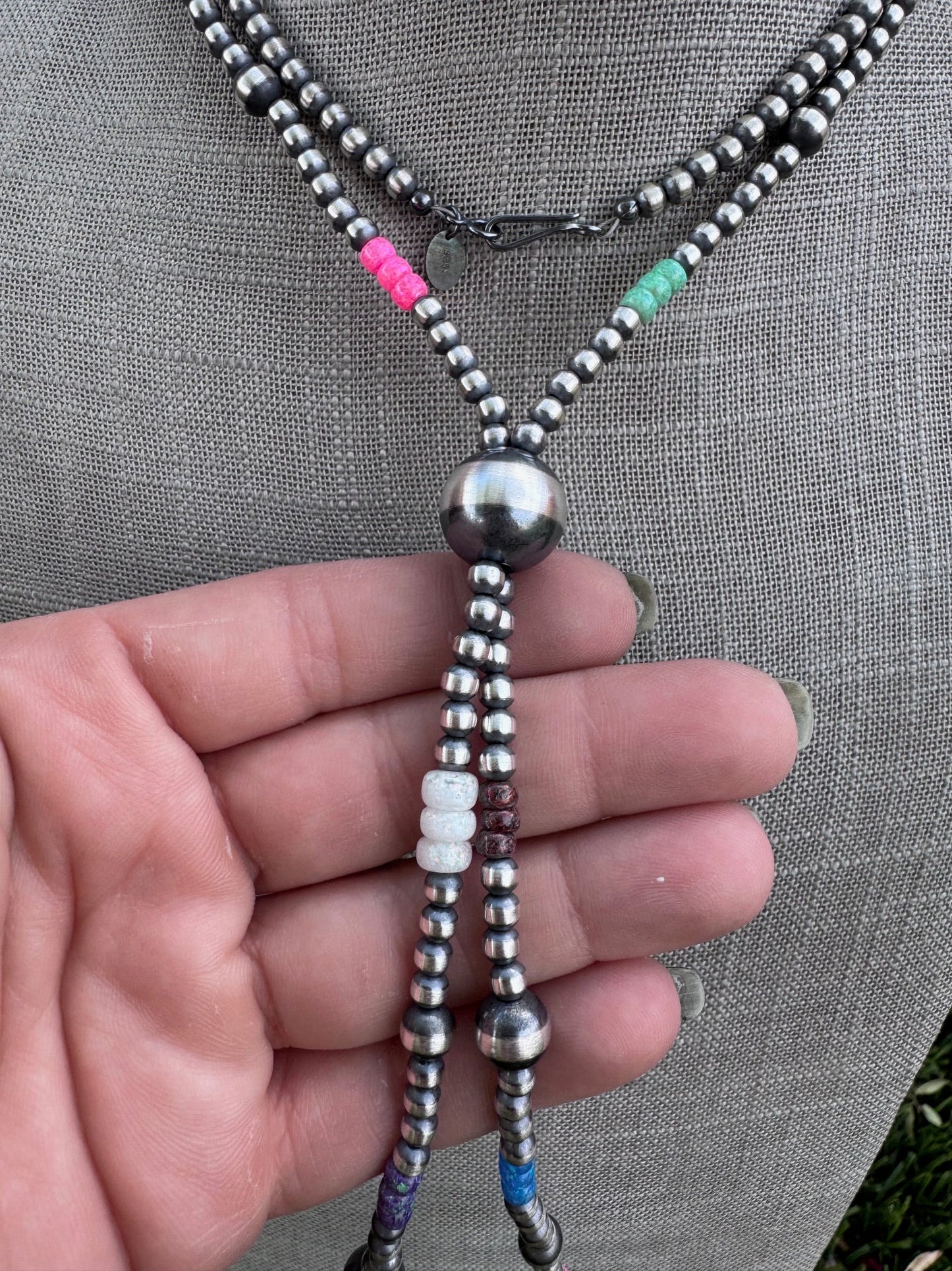 Handcrafted Fire Opal Collection & Sterling Silver Pearl 4-14mm Beaded Jacla Necklace 30" Nizhoni Traders LLC