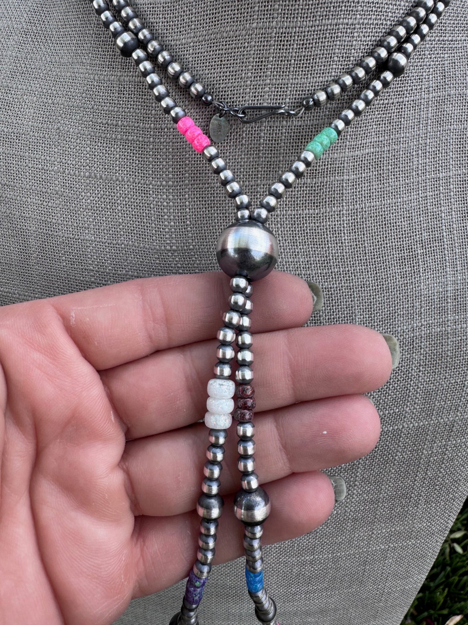 Handcrafted Fire Opal Collection & Sterling Silver Pearl 4-14mm Beaded Jacla Necklace 30" Nizhoni Traders LLC