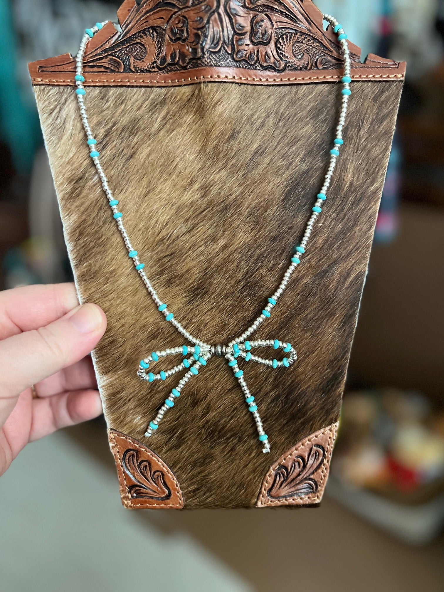 Silver & Turquoise Bow Fashion Necklace with Lobster Claw Clasp Cedar Hill Country Market