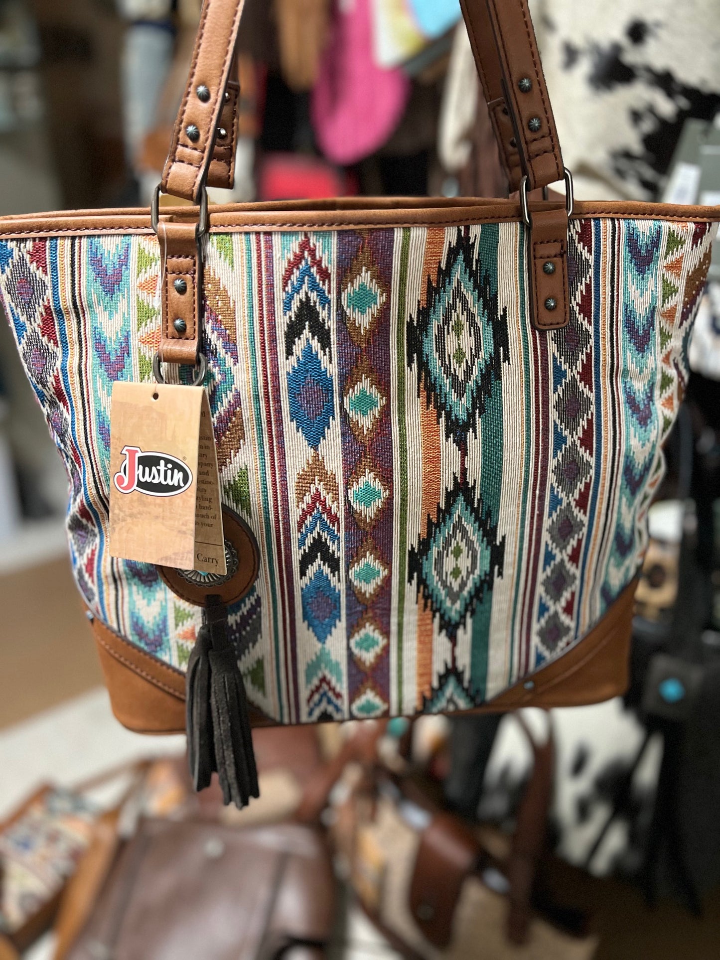 Justin Women's Jacquard Aztec Pattern Tote Purse - Brown/Multi with Wristlet Wallet Cedar Hill Country Market