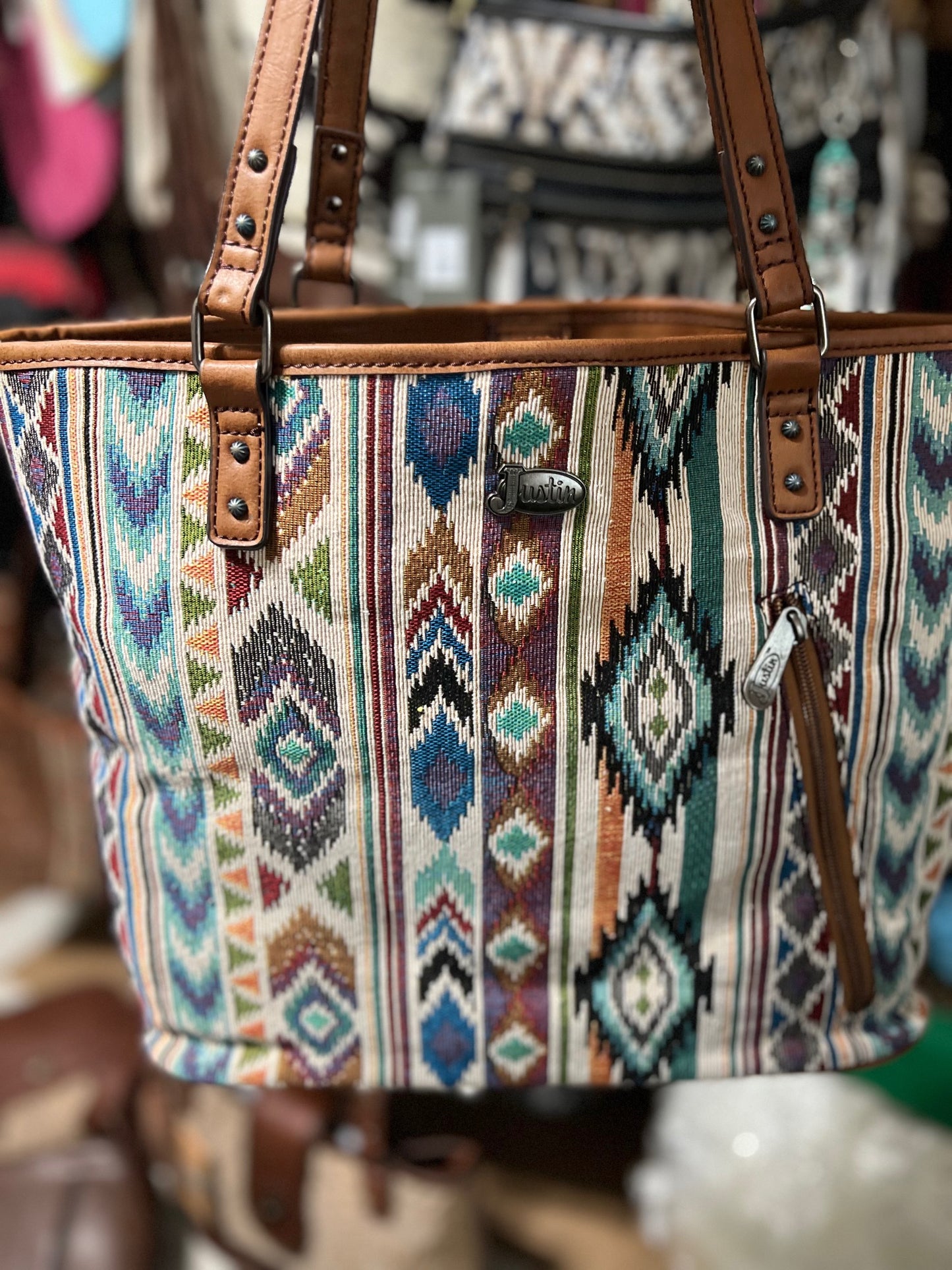 Justin Women's Jacquard Aztec Pattern Tote Purse - Brown/Multi with Wristlet Wallet Cedar Hill Country Market