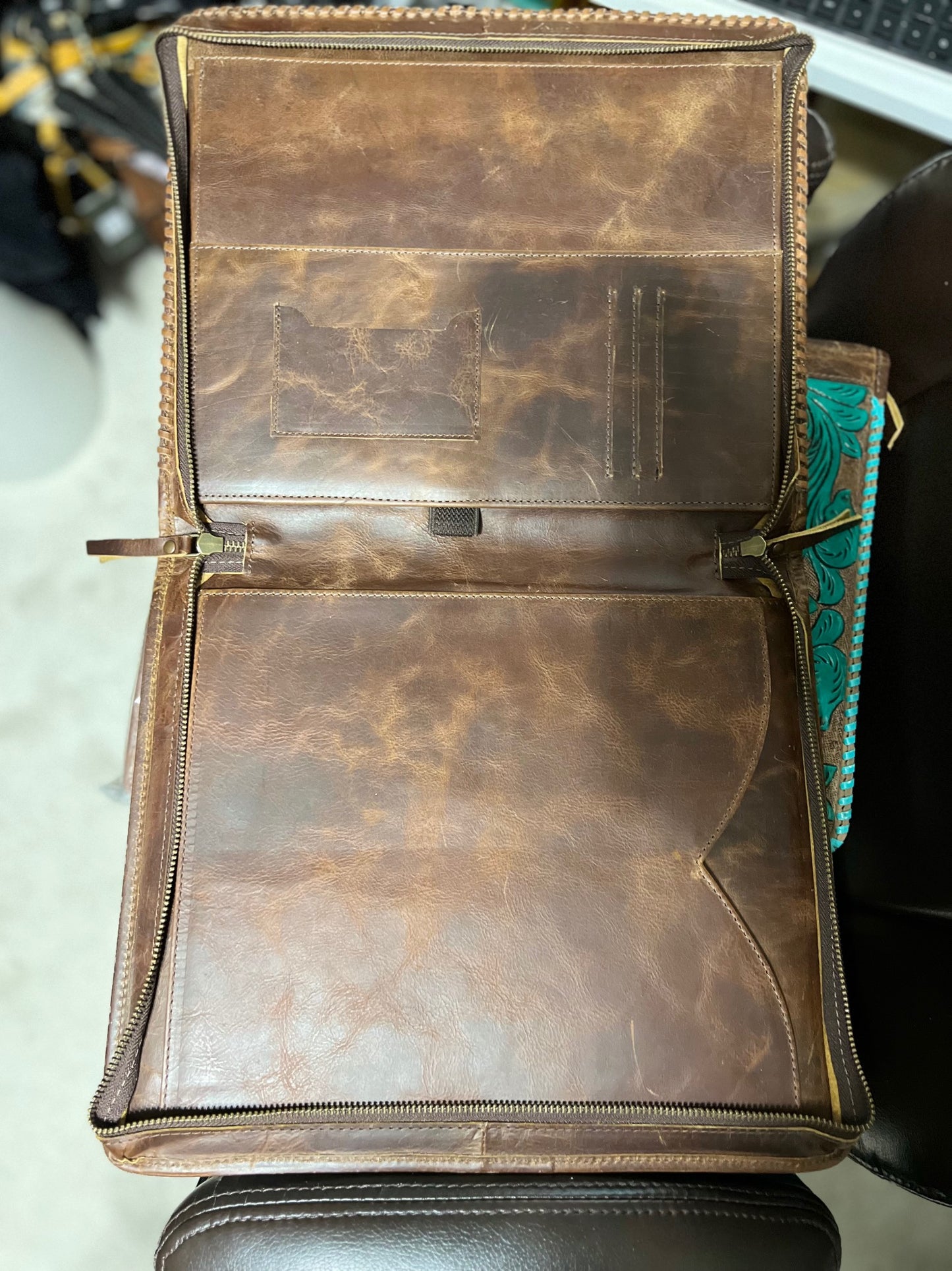 Leather Hand Tooled Western Portfolio with Zipper Close Cedar Hill Country Market