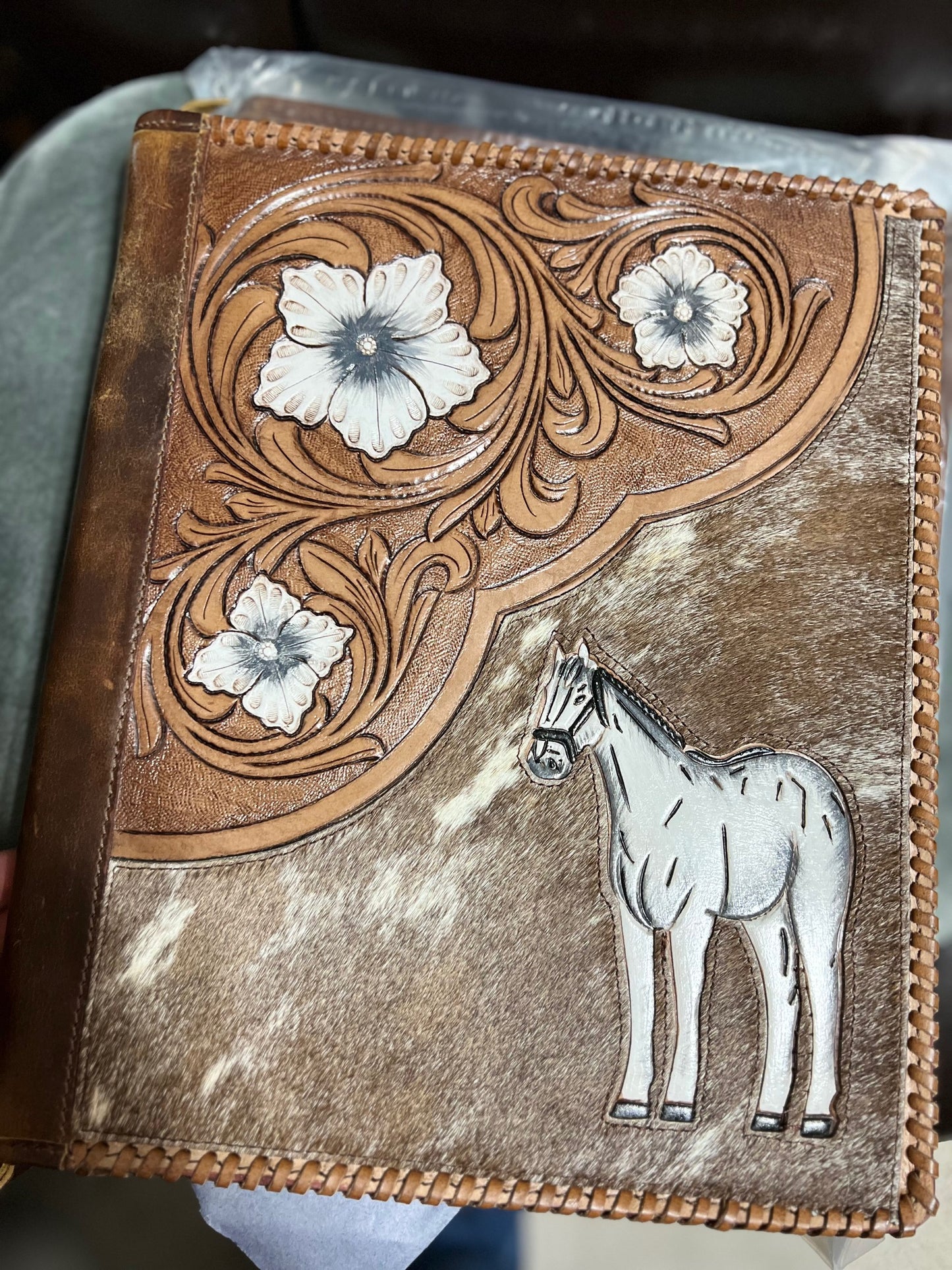 Leather Hand Tooled Western Portfolio with Zipper Close Cedar Hill Country Market