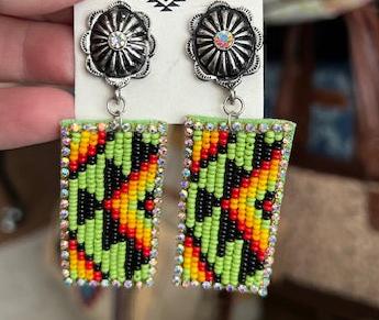 Lime Green Seed Bead Aztec Bar Stud Back Earrings Cedar Hill Country Market