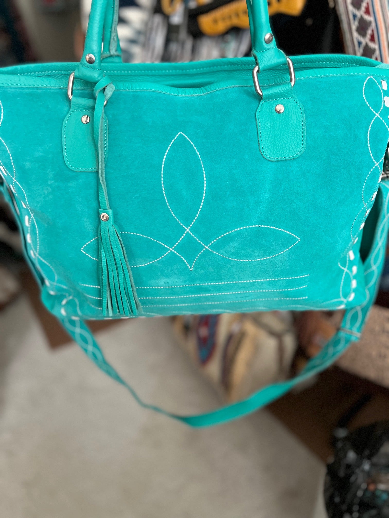 Suede Turquoise Boot Stitch Small Duffle with Crossbody Strap CedarHill Country Market