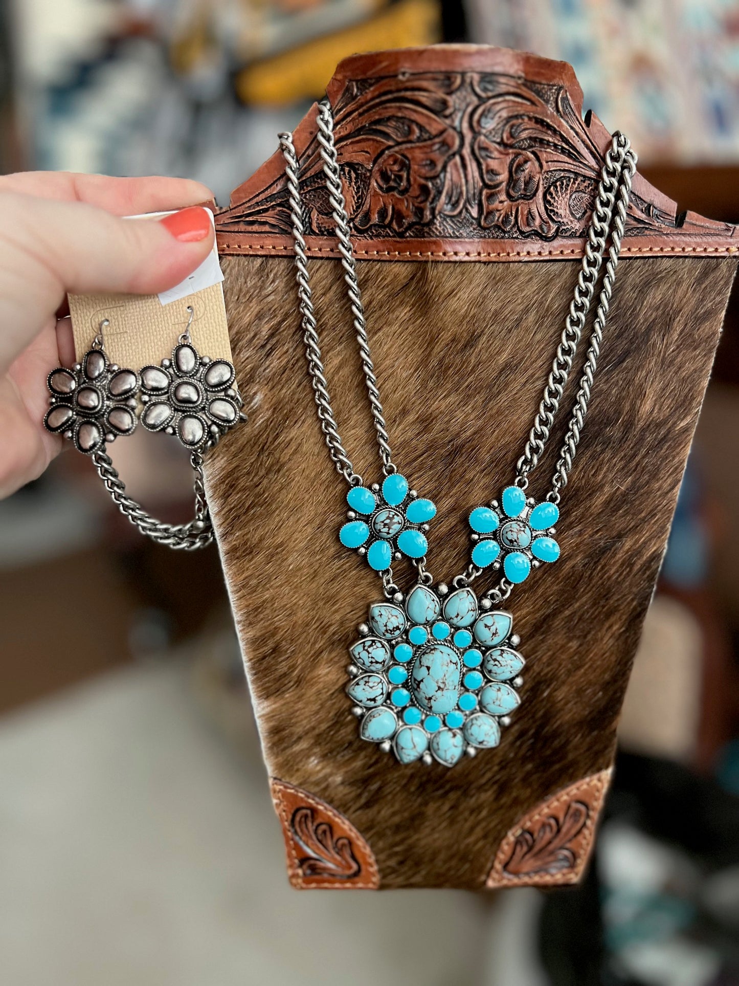 Western Turquoise Concho with Silver Earrings - Set Cedar Hill Country Market