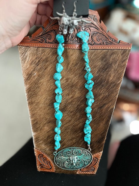 Faux Longhorn Turquoise Stone Chunky Necklace and Earring Set Cedar Hill Country Market