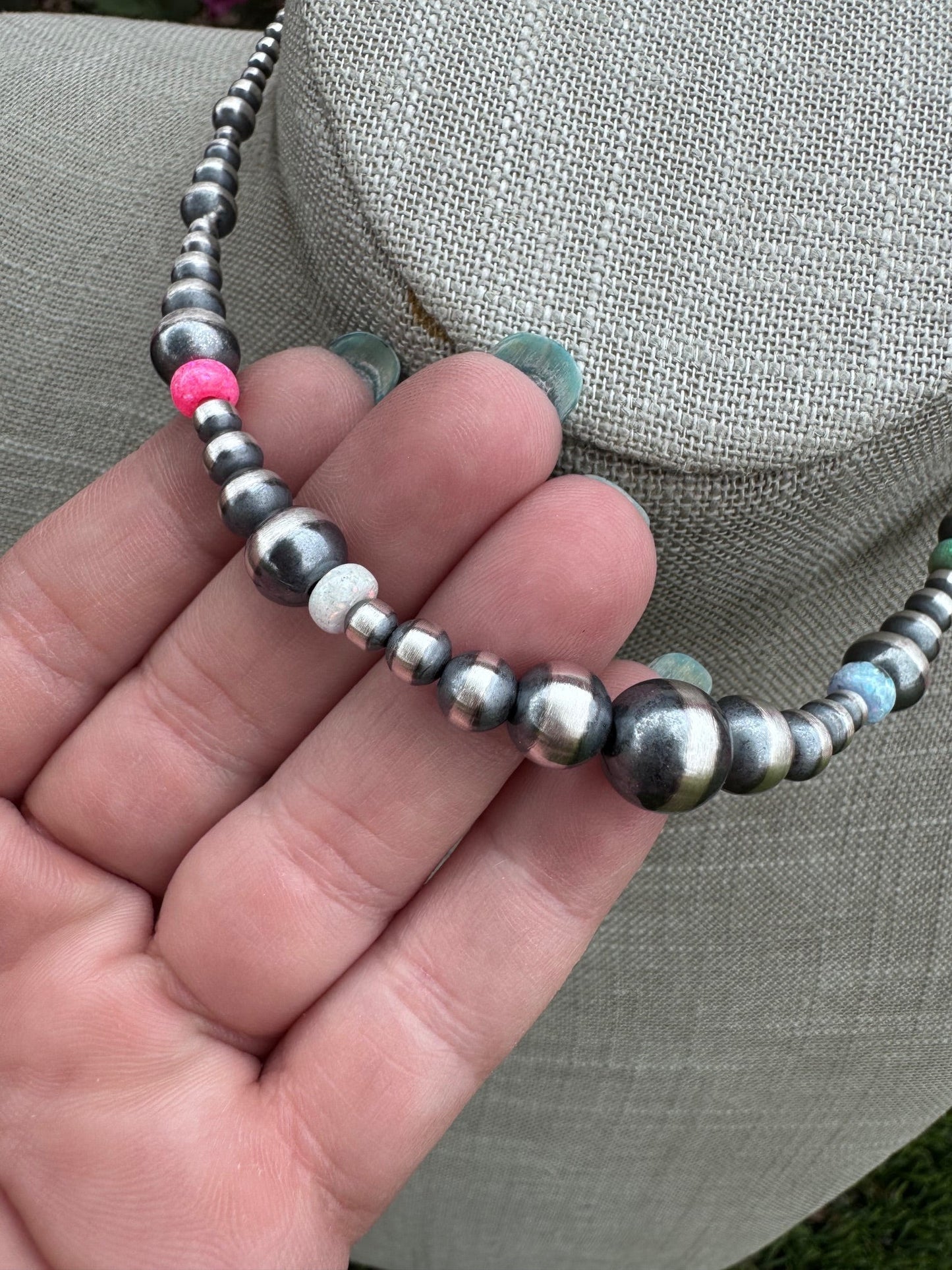 Handcrafted Fire Opal Collection & Sterling Silver Pearl Beaded 3-10mm Necklace 14" Nizhoni Traders LLC