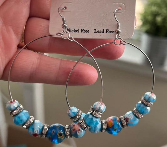 Western Blue Beaded 4 inch Hoop Earrings on Hooks Cedar Hill Country Market