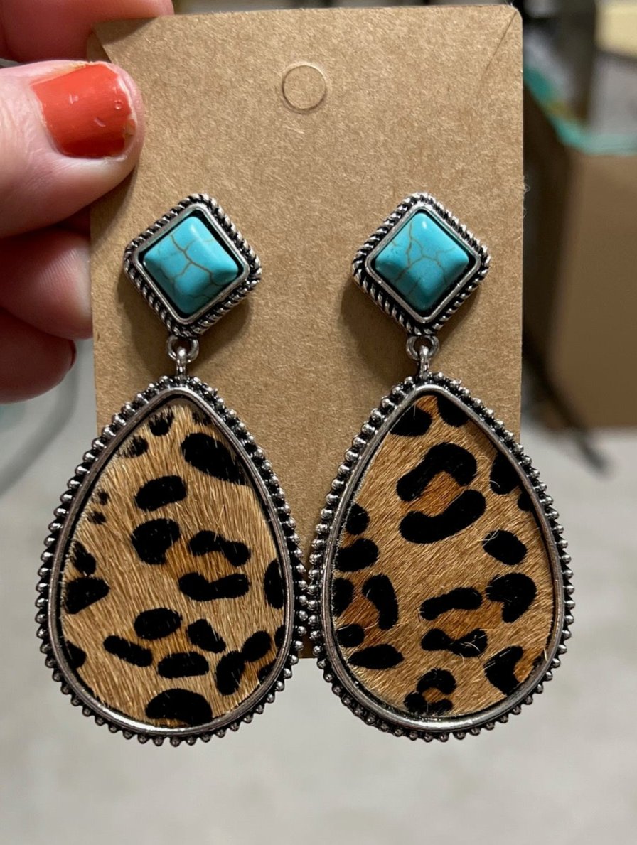 Leopard & Turquoise Stud Back Oval Earrings Cedar Hill Country Market