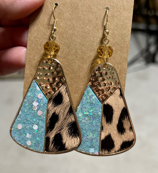 Trifecta Acid Turquoise with Leopard Hammered Gold Earrings on Hooks Cedar Hill Country Market