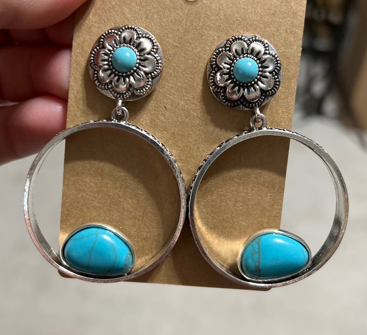 Stud Back Silver Hoops with Turquoise Gems and Aztec Filigree Earrings Cedar Hill Country Market