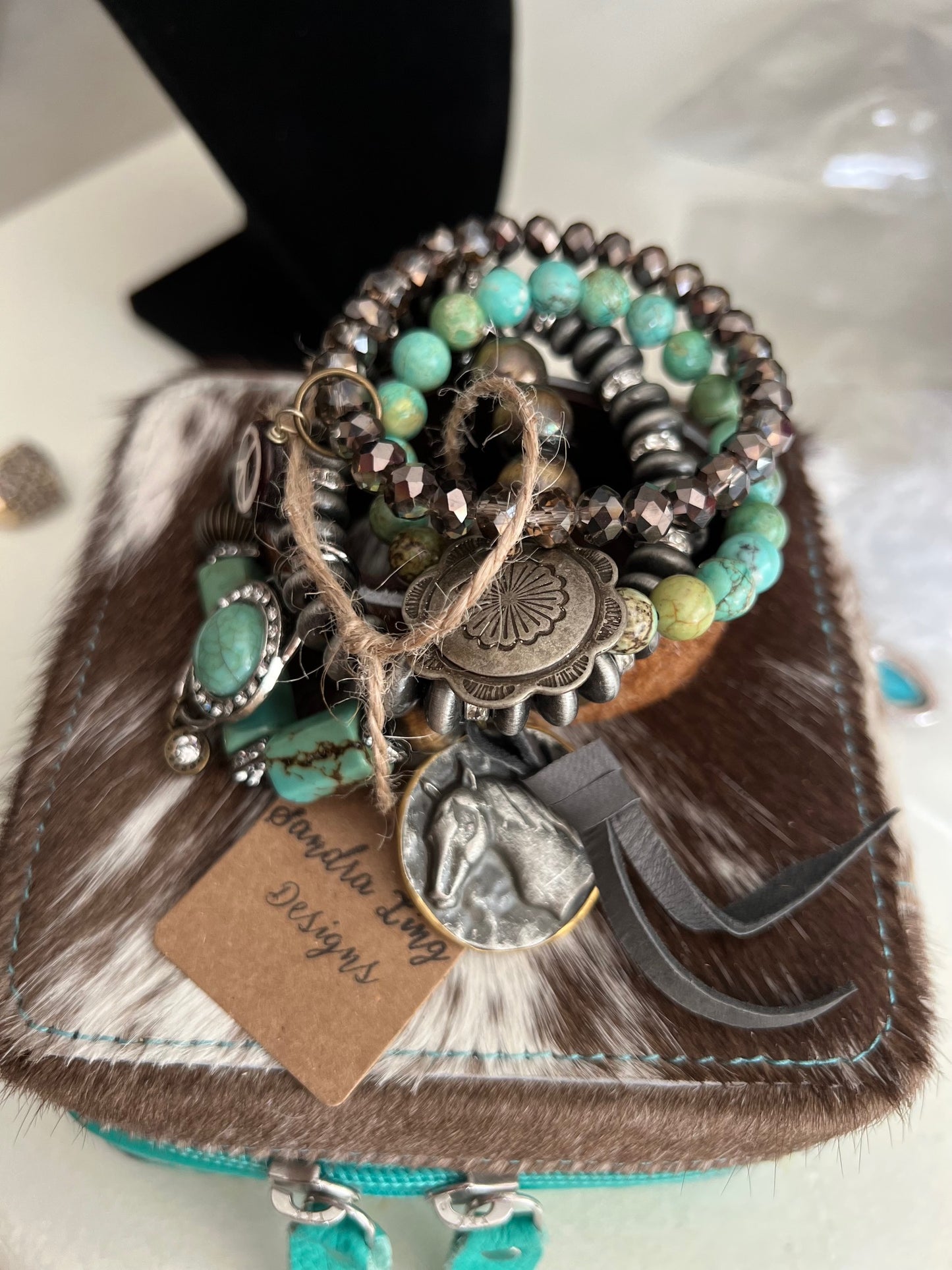 Sandra Ling Turquoise and Leather 9 piece Stretch Bracelet Stack Cedar Hill Country Market