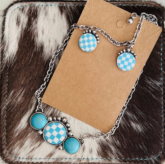 Turquoise Blue Checkered Necklace and Earring Set Cedar Hill Country Market