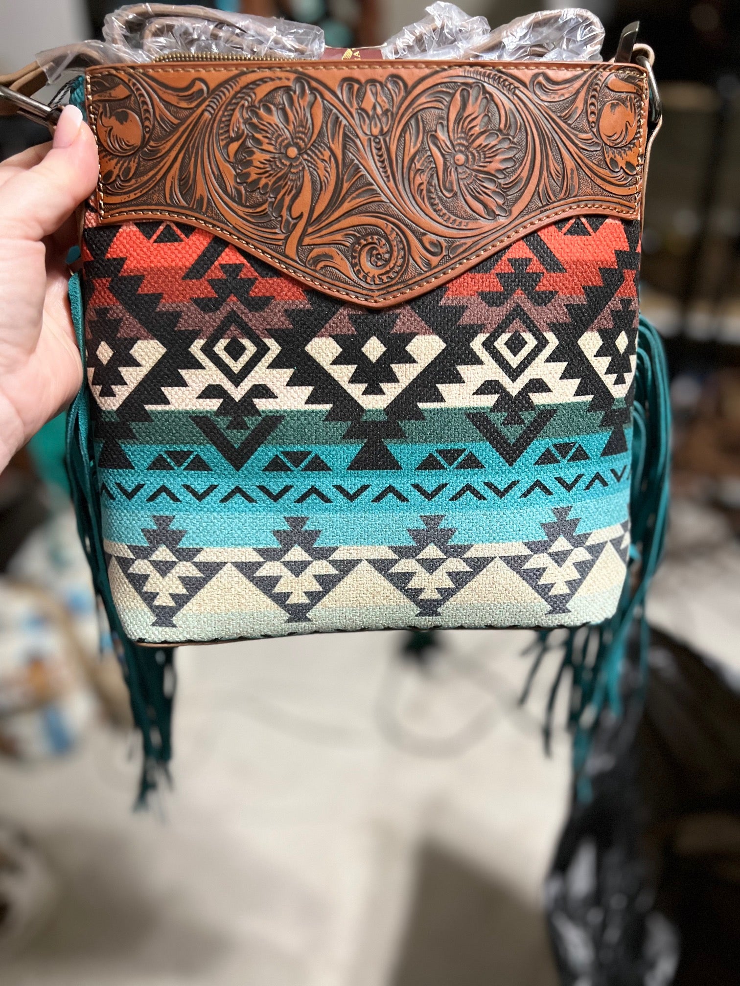 Montana West Tooled Aztec Concealed Crossbody Handbag - Turquoise Cedar Hill Country Market