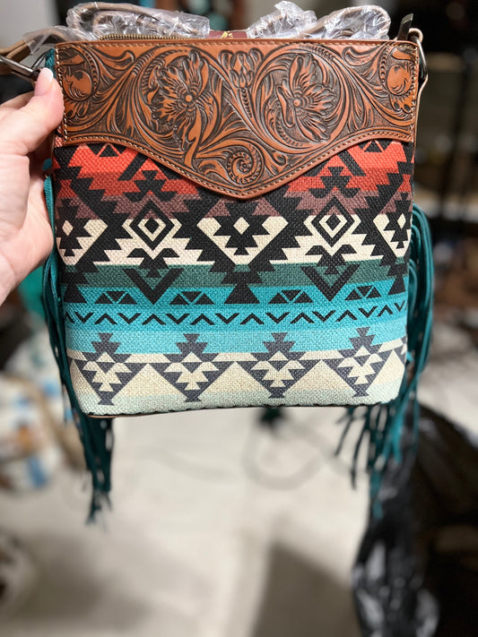 Montana West Tooled Aztec Concealed Crossbody Handbag - Turquoise Cedar Hill Country Market