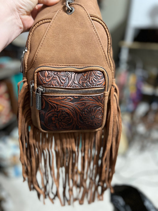 Montana West Tooled Fringe Sling Bag -Brown Handbag Cedar Hill Country Market