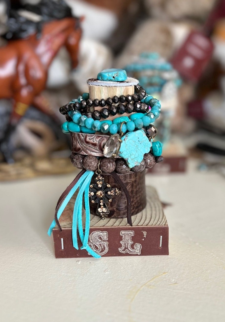 Sandra Ling - 9 Piece Turquoise and Brown Cross Bracelet Stack Cedar Hill Country Market