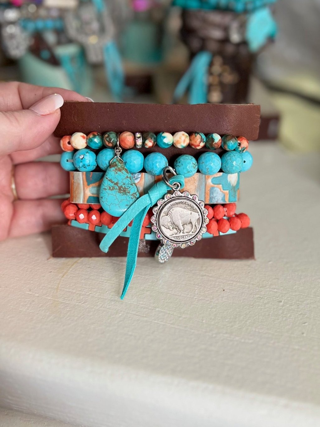 Sandra Ling - 6 Piece Turquoise and Orange Small Stack Bracelets CedarHill Country Market